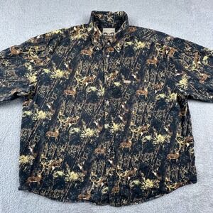 Mens XXL Deer Forest Print Cotton Button Down Shirt Hunting Brown Buckhorn River
